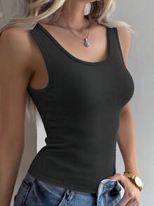 1pc Women's Square Neck Camisole - Soft Fitted Design, Suitable For Commuting, Dating And Layering - Black - View 3