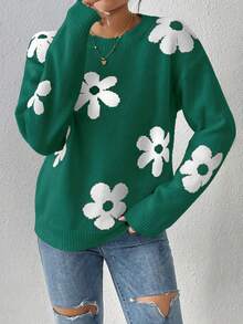 Women's Fashion Striped Floral Knit Pullover Sweater - Green - View 5