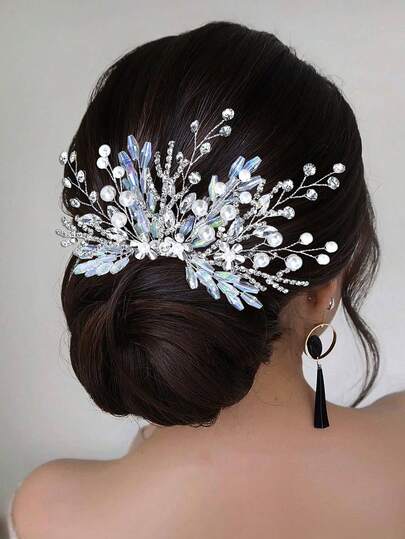 1pc Handmade Faux Crystal Decor Bridal Headband, Alloy Flower Hair Comb Hair Accessory For Women, Suitable For Party, Photography, Celebration, Wedding, Birthday