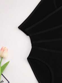 5pcs Women's Black Ribbed Comfortable Mid-Rise Briefs - Black - View 4