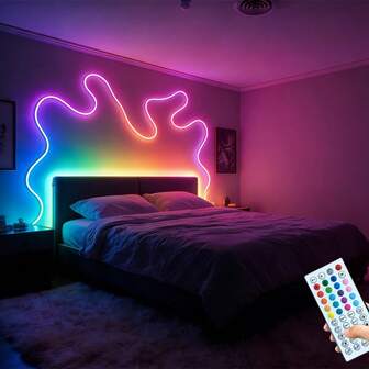 16.4ft RGB LED Neon Lights Strip With Remote/App Control, Waterproof, Flexible, Multi-Color, Modern Style, For Bedroom, Room, Outdoor, Christmas Decor, Smart LED Light Strip With Remote And App Control, RGB Color Changing, Music Sync, USB Powered, Dimmable, For Bedroom, Living Room, Wedding, Halloween, Birthday Party, Christmas Decoration, Bedroom LED Lights, Party Lighting, Colorful Light Display, Remote Control Lights, Room Decor