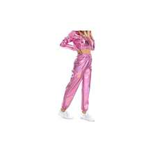 Pantalones deportivos metlicos brillantes para mujer, pantalones deportivos elsticos de cintura alta, aspecto hmedo, estilo hip hop, pantalones hologrficos, 01 - rosa, S - inicial - Ver 7