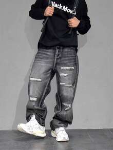 Calça Jeans Reto com Lavagem Vintage e Desgaste, Ajuste Folgado e Solto para Homens