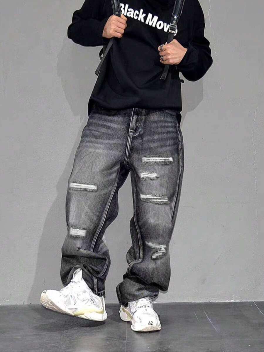 Calça Jeans Reto com Lavagem Vintage e Desgaste, Ajuste Folgado e Solto para Homens