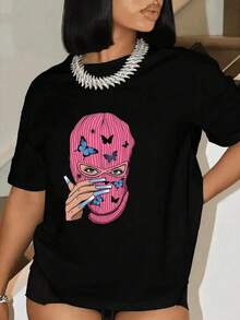 Short Sleeve Round Neck T-Shirt For Women, Soft And Oversized Fashionable Clothing With Masks And Butterflies Print, For Summer - Black - View 1