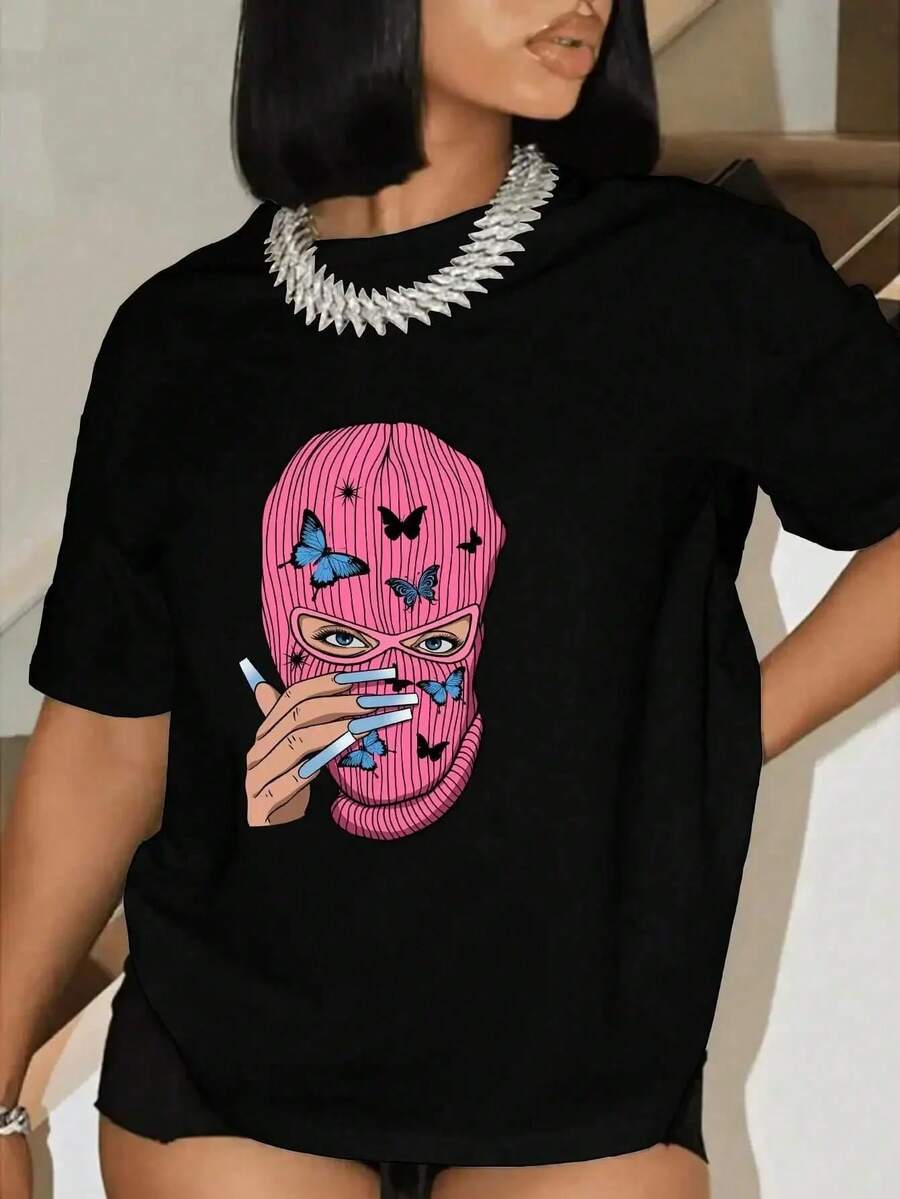 Short Sleeve Round Neck T-Shirt For Women, Soft And Oversized Fashionable Clothing With Masks And Butterflies Print, For Summer - Black - View 1