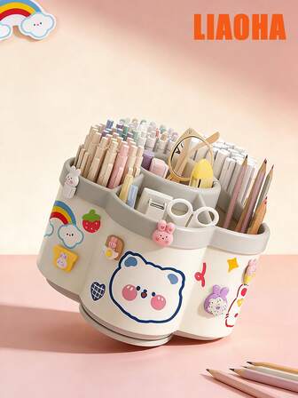 360° Rotating Cute Pen Holder, Large Capacity Multi-Function Desktop Stationery Organizer Box, Polished PVC Material, Embedded Installation, Lightweight & Portable, Can Be Used As Pencil Case, Pen Cup, Cute Pencil Box, Desktop Organizer, Marker Pen Holder, Back To School Essential, Storage Box, Cosmetic Organizer, Gift, Makeup Brush Holder