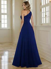Solid Color Fitted Sequin Patchwork Chiffon Sleeveless Formal Cocktail Party Gown Dress - Navy Blue - View 2