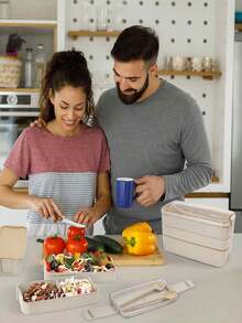 1 pieza Fiambrera de 3 compartimentos, diseño a prueba de fugas, con cuchara y tenedor, reutilizable, apta para microondas, caja portátil aislada para exteriores, juego portátil de preparación de comidas para adultos, útiles escolares, vuelta al colegio, artículos de cocina, regalo de Navidad - Multicolor - Ver 12