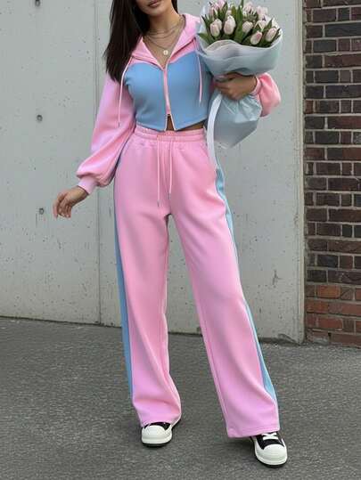 Women's Casual Sports Suit For Autumn/Winter - Contrast Color Block Loose Comfortable Sweatshirt Jacket + High Waist Wide Leg Straight Casual Pants 2 Pieces Set
