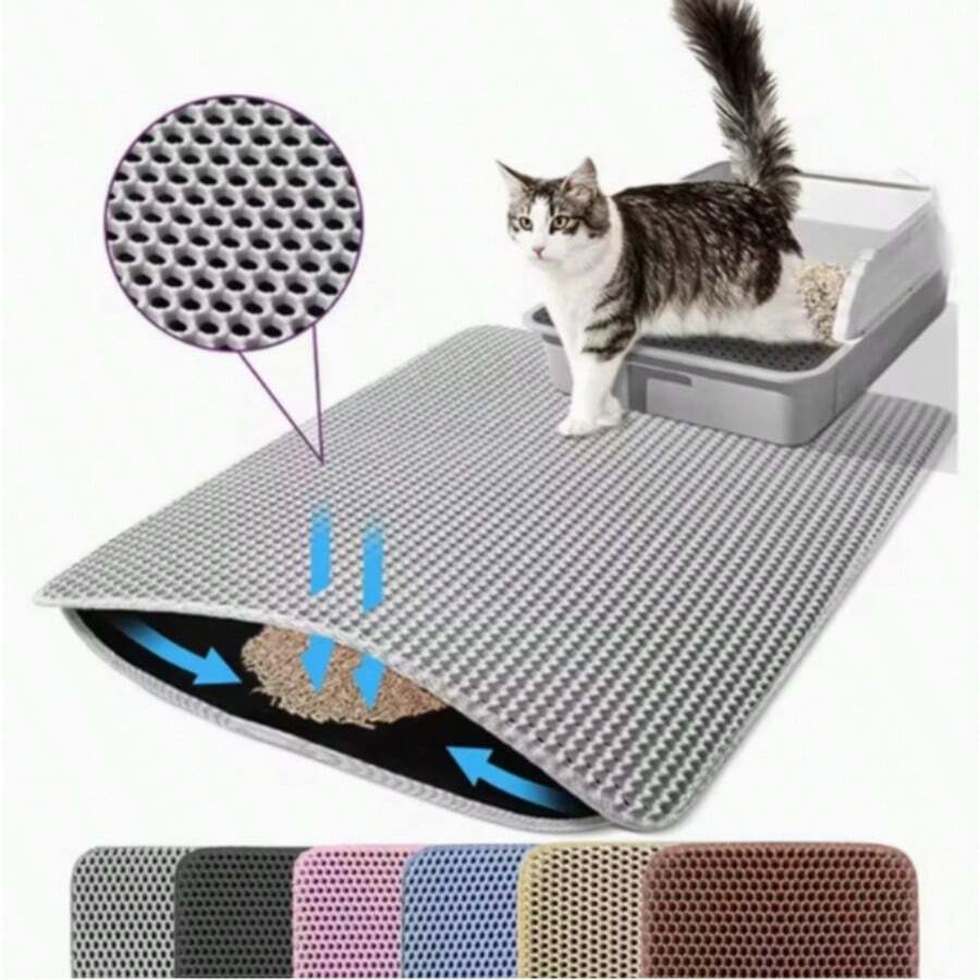 Double-Layer EVA Cat Litter Mat, Pet Cleaning Mat, Litter Control Mat, Waterproof Anti-Splash Cat Litter Trapping Mat With Honeycomb Design, Litter Box Bottom Mat, Indoor Cat Litter Catcher, Durable Pet Supplies, Suitable For Small/Medium Dogs & Cats. Please Measure Your Litter Box Size Accurately Before Referring To The Size Chart. - Grey - View 1