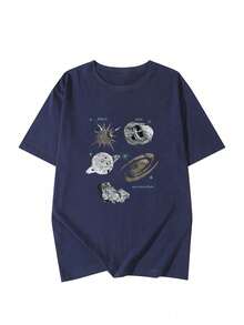 Japanese Style Women Loose Casual Round Neck Cartoon Letter & Starry Print Short Sleeve T-Shirt, Spring/Summer - Dark Blue - View 3