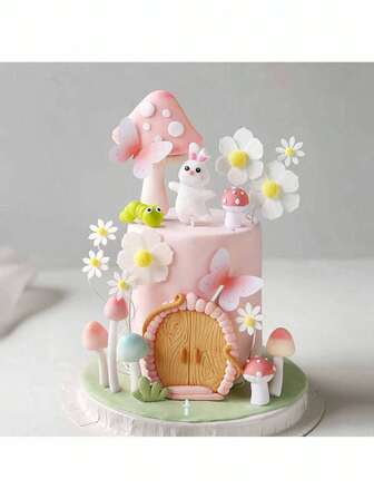 30pcs Or 1pc Rabbit Cake Toppers, Vine Wooden Door Cottage Mushroom Caterpillar Cute Bunny Birthday Cake Inserts, Butterfly Daisy Cake Decoration Inserts, Suitable For Fairy Tale Theme Cake Decoration, Suitable For Babyshower Birthday Party Cake Decoration(Rabbits, Butterflies, Houses, Flowers, Etc., Should Not Come Into Direct Contact With The Cake; Please Use Them With A Stick.)