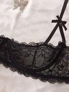 Plus Size Black Lace Seductive Bow Decor Half Cup Underwire Bra, Lingerie - Black - View 4
