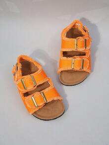 女童凉鞋，新款夏季时尚搭扣凉鞋，舒适休闲厚底沙滩鞋 - 橘色 - 查看 7
