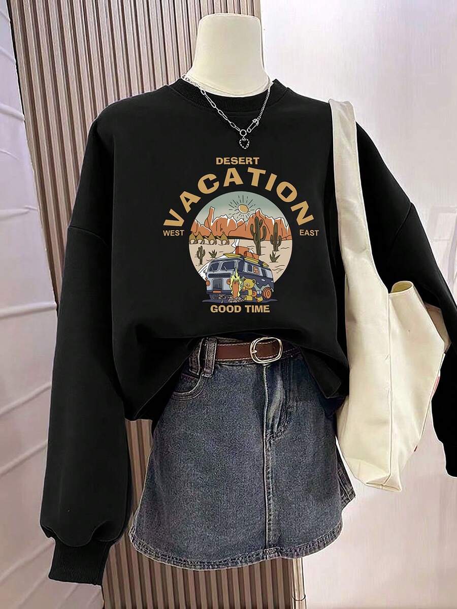 女士休闲长袖圆领卫衣，印花图案，面料柔软舒适，可机洗，春秋季上衣，套头连帽衫，时尚宽松版型 - 黑色 - 查看 1