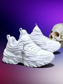 5厘米增高女式休闲运动鞋,配有可拆卸金属银十字架和骷髅装饰链,户外EVA厚底高跟厚底白色高跟运动鞋,轻便减震防滑圆头系带鞋,适合大学生、青少年、日常穿着、健身、办公等场合,坡跟厚底运动鞋 - 白色 - 查看 16