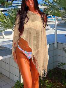 Women Ropa De Playa Knit Poncho Top Y2k Beach Coverups Off Shoulder Crochet Sheer Shawl Asymmetrical Hem Cover Up Shrug Sweater - Rượu sâm banh - Xem 1