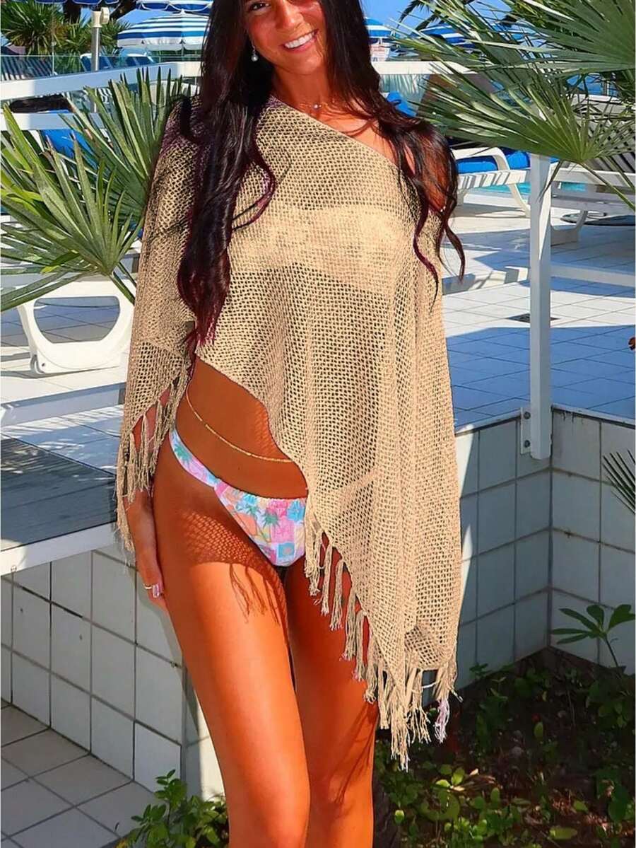Women Ropa De Playa Knit Poncho Top Y2k Beach Coverups Off Shoulder Crochet Sheer Shawl Asymmetrical Hem Cover Up Shrug Sweater - Rượu sâm banh - Xem 1