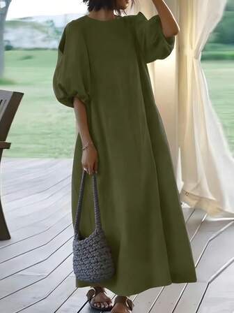 Fashionable Women's Mid-Length Lantern Sleeve Belted Dress, Half Sleeve Round Neck, Slit Detail, Casual Woven Fabric, Comfortable