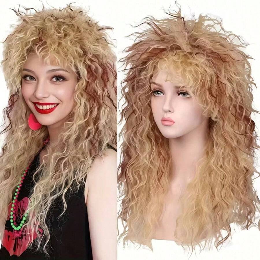 赛博朋克摇滚长卷假发，万圣节派对假发，圣诞节服装假发，80年代朋克长卷假发，万圣节摇滚假发，演唱会派对假发 - 彩色 - 查看 1
