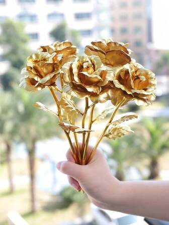 5 Pieces Of Artificial Gold Foil Rose Artificial Flowers, Suitable For Decoration At Valentine's Day, Weddings, And Birthday Parties. An Everlasting Love Imitation Bouquet, Durable Plastic Rose Wedding Center Decoration (No Maintenance Required)