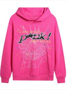 Men's Hip Hop Spider Web Pattern Graphic Alphabet Print Y2k Sp5der Rose Red Hoodie, Drop-Shoulder Long-Sleeved Top, Kawaii Pullover Unisex - 粉色 - 查看 3
