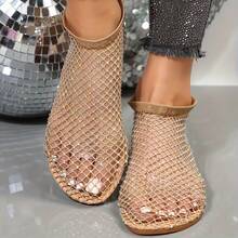 Giày sandal đính đá giả kim cương giả mùa hè cho nữ, thiết kế mặt trên bằng lưới, lắc chân lấp lánh hình ngôi sao, cổ giày chun phẳng, kiểu dáng trang trí lấp lánh, trang phục đi dạo hàng ngày, giày thời trang nữ mới 2025 - Màu Khaki - Xem 3