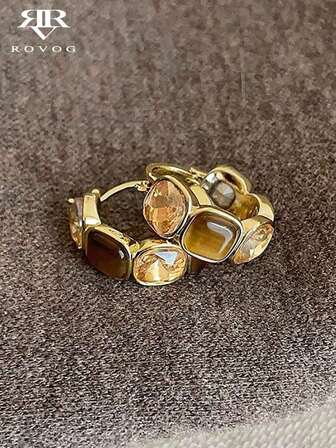 1 Pair Elegant Geometric Glass Inlaid Vintage French Style Hoop Earrings, High-Quality Minimalist Design, Suitable For Daily Wear And Formal Occasions