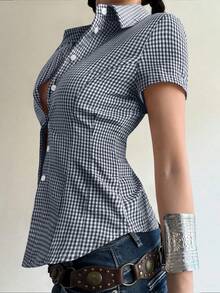 阳光少女风春季情人节女装Y2K返校季棉质修身翻领短袖衬衫，带纽扣，蓝色格子学院风上衣 - 藍色 - 查看 9