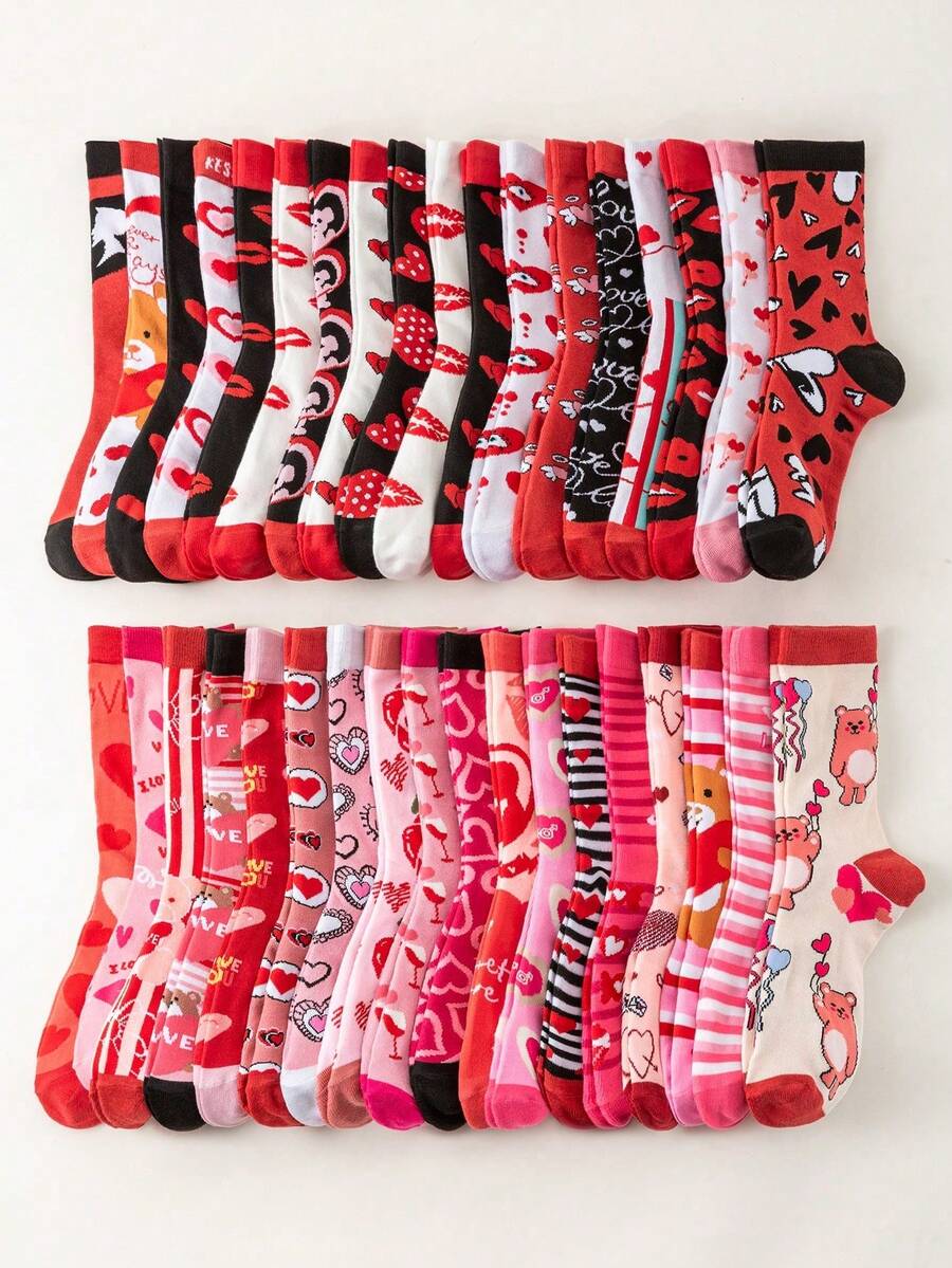 2/5/10 pares de calcetines del Día de San Valentín para hombres/mujeres/parejas, con diseños lindos y románticos de corazones/rosas/osos de peluche/labios, de moda, suaves, cómodos y transpirables hasta el tobillo, adecuados para regalos, combinación de pareja, fiesta, color y estilo aleatorios - Multicolor - Ver 1
