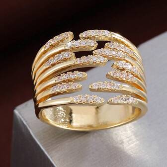 1pc Minimalist Geometric Intersecting Lines Wide Band Design Cubic Zirconia Adjustable Open Ring For Women