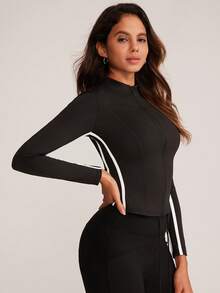 VUTRU Áo khoác thể thao cổ đứng ôm vừa vặn, áo khoác ngoài chạy bộ tay dài màu tương phản - màu đen - Xem 6