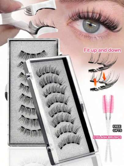 Waloshow 一盒两对CC卷翘磁性假睫毛套装，包含可重复使用的睫毛夹、两支眉刷，无需胶水，柔软蓬松的仿貂毛假睫毛，适合日常妆容，自然美妆工具，混合设计的3D浓密假睫毛条，打造迷人提拉眼妆，适合日常佩戴、工作、学习、旅行、派对等场合，是送给女性的绝佳礼物，也是一份贴心的圣诞礼物。