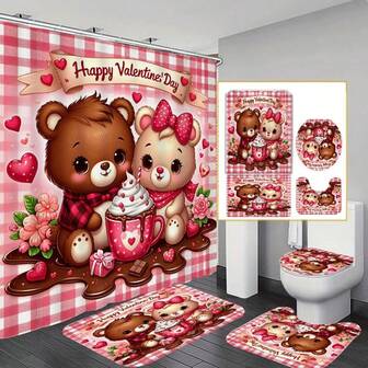 1/4 Piece Valentine's Day Bathroom Curtain Set With 12 Hooks, Waterproof Bathroom Curtain, Anti-Slip Bath Mat, Toilet Seat Cover And U-Shaped Carpet, Machine Washable Cartoon Decor Bathroom Set
