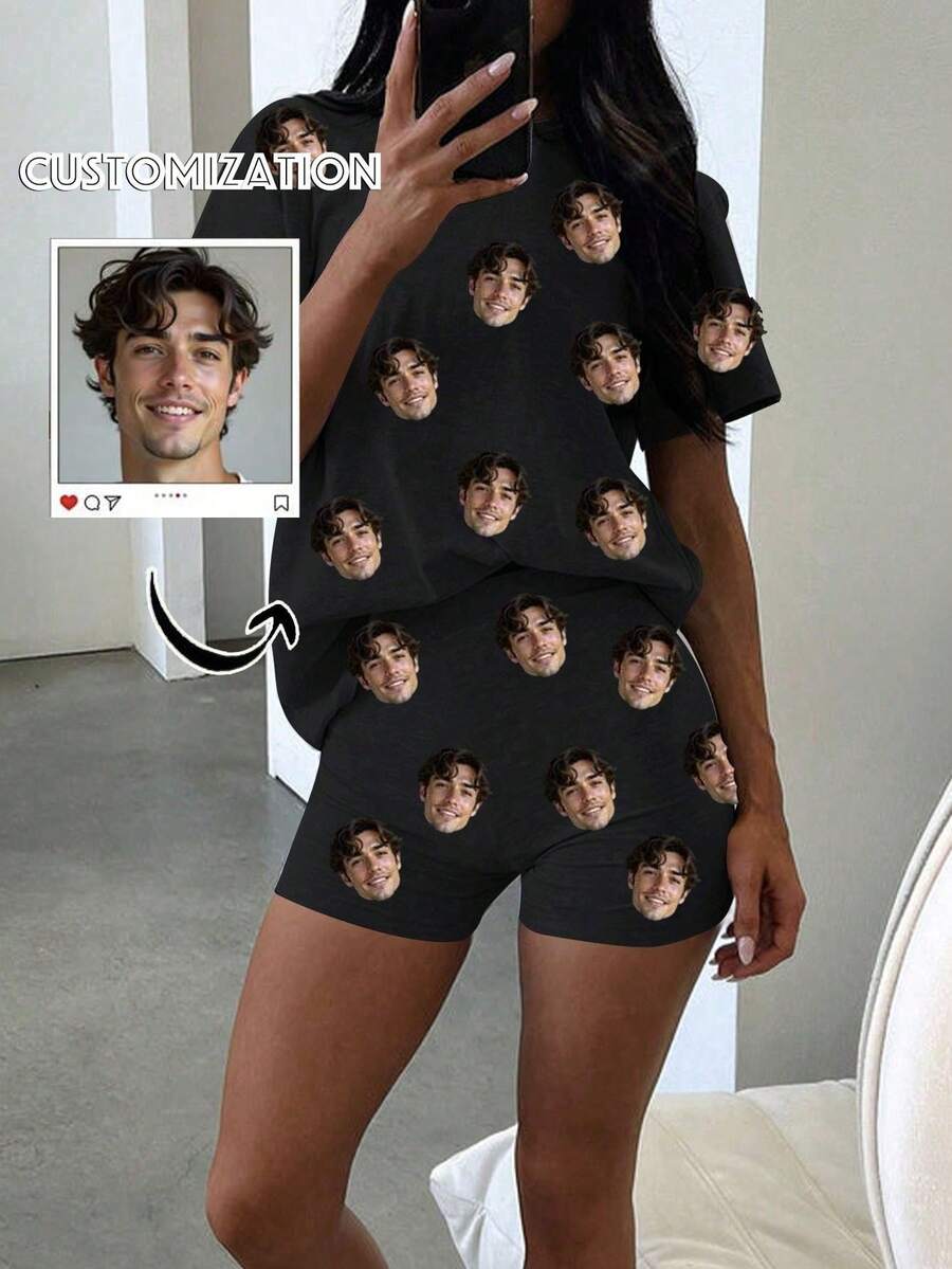 Personalisierter Foto-Damen-Pyjama-Set, lustiger Kurzarm-Shorts-Loungewear-Muster, Geschenk für Freundin und Familie - Schwarz - Übersicht 1