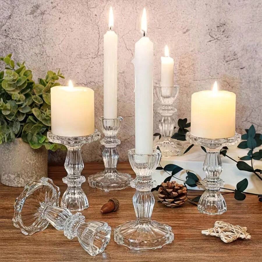 1/2/4pcs European Style Glass Hexagon Candle Holders, Multi-Color, Wedding Table Decor, Restaurant Decoration, Candle Holders For Party & Banquet