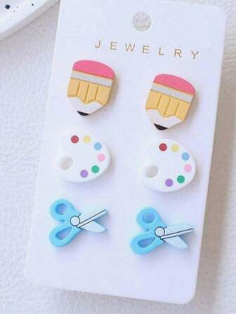 1 set färgglada lärartillbehör för skolstart, söt tecknad design, mångsidig nischpenna, sax, örhängen