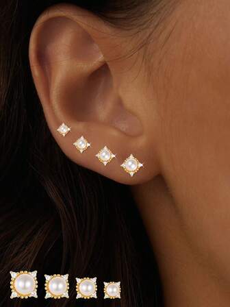 1 par de pendientes de perla con baño de plata de ley 925 y mini diamante, pendientes elegantes retro de perla estilo francés