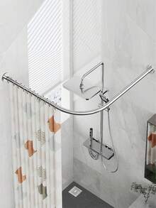 1pc Shower Curtain Rod, Curved Shower Curtain Rod, L-Shaped Bathroom Rod Required, Thickened Stainless Steel L-Shaped Rod, Suitable For Bathrooms, Shower Curtain Bathroom Set. - Silver - View 3