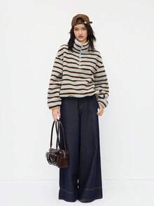 Women's Spring Autumn Fleece Sweatshirt Long Sleeve Half Zip High Neck Striped Pullover - 藍色 - 查看 4