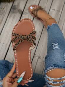 Sandalias planas de cuero sintético con estampado de leopardo y cruzado para mujer, para el verano - Estampado de leopardo - Ver 1