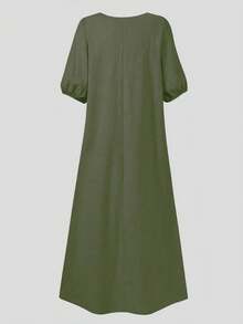 时尚女式中长灯笼袖系带连衣裙，半袖圆领，开衩细节，休闲梭织面料，舒适 - 綠色 - 查看 4