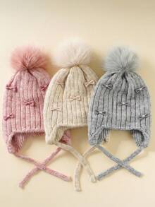 1顶儿童针织帽，毛绒单球蝴蝶设计保暖帽，适合婴幼儿秋冬季日常佩戴 - 彩色 - 查看 1