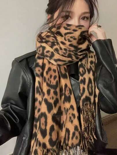 1pc Imitation Cashmere Thick Tassel Leopard Print Scarf, Fashionable Printed Warm Scarf, Windproof Autumn And Winter Shawl,Suitable For Daily Use In Autumn And Winter For Both Men And Women