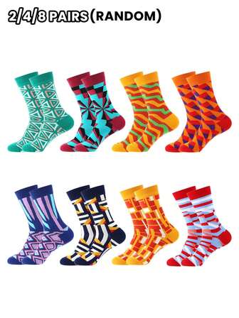 2/4/8 Pairs Random Fashionable Versstile Creative AB Asymmetrical High Top Socks With Cartoon Animal, Tool, And Character Patterns