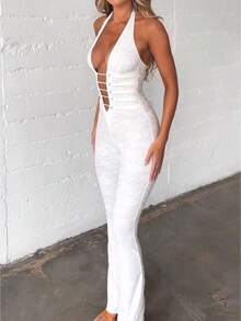 Women Lace Jumpsuits Halter Neck Cross Backless Sleeveless Long Rompers Summer Slim Playsuits Clubwear - White - View 2