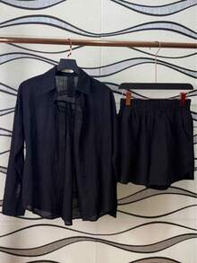 Imported Women's Linen Shirt /Button-Down/Lined/ /Women's, 2-Piece Set: Shirt And Shorts With Elastic Waistband. Summer Vacation Set: Perfect For Celebrating Christmas, New Year's Eve And New Year In Brazil! - 黑 - 查看 5