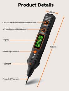 POROMETISTO VT06 Smart Sensing Tester Is A Multi-Functional, Intelligent Electrical Tool Designed For Professional Electricians And DIY Enthusiasts, Suitable For Various Scenarios Including Home Electrical Maintenance, Car Battery Testing, Circuit Connectivity Inspection, And Industrial Electrical Detection. It Automatically Powers Off After 5 Minutes Of Inactivity To Extend Battery Life, Making It Convenient For Users. - Black - View 9