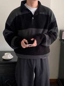 Men's American Street Style Korean Business Casual Commute Versatile Striped Pullover Knit Sweater, Fall/Winter